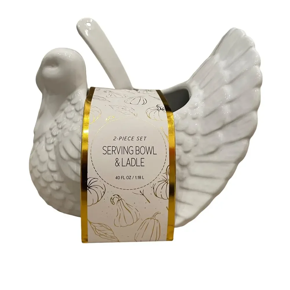 Turkey Shaped Serving Bowl and Ladle 2 Piece Set White 7in New